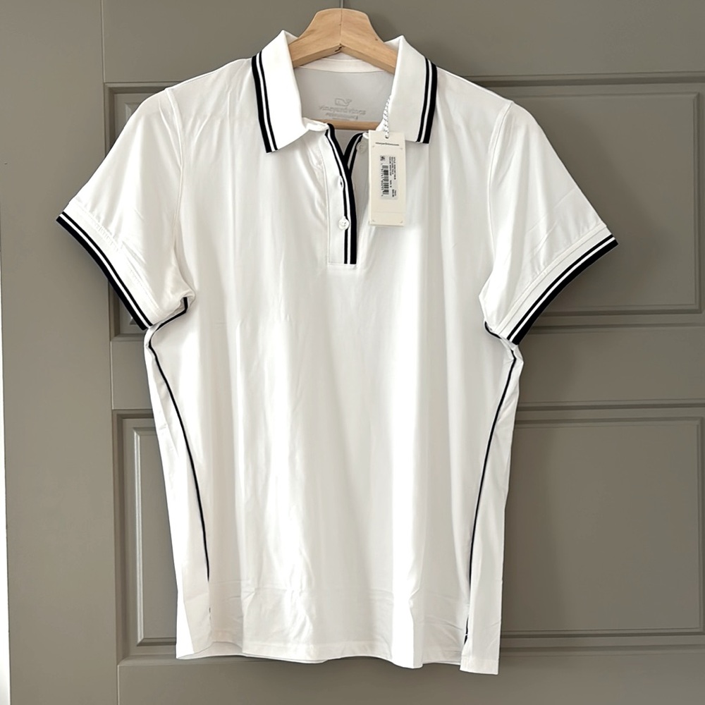 Vineyard Vines Performance Polo; White with Navy trim; Size M; NWT